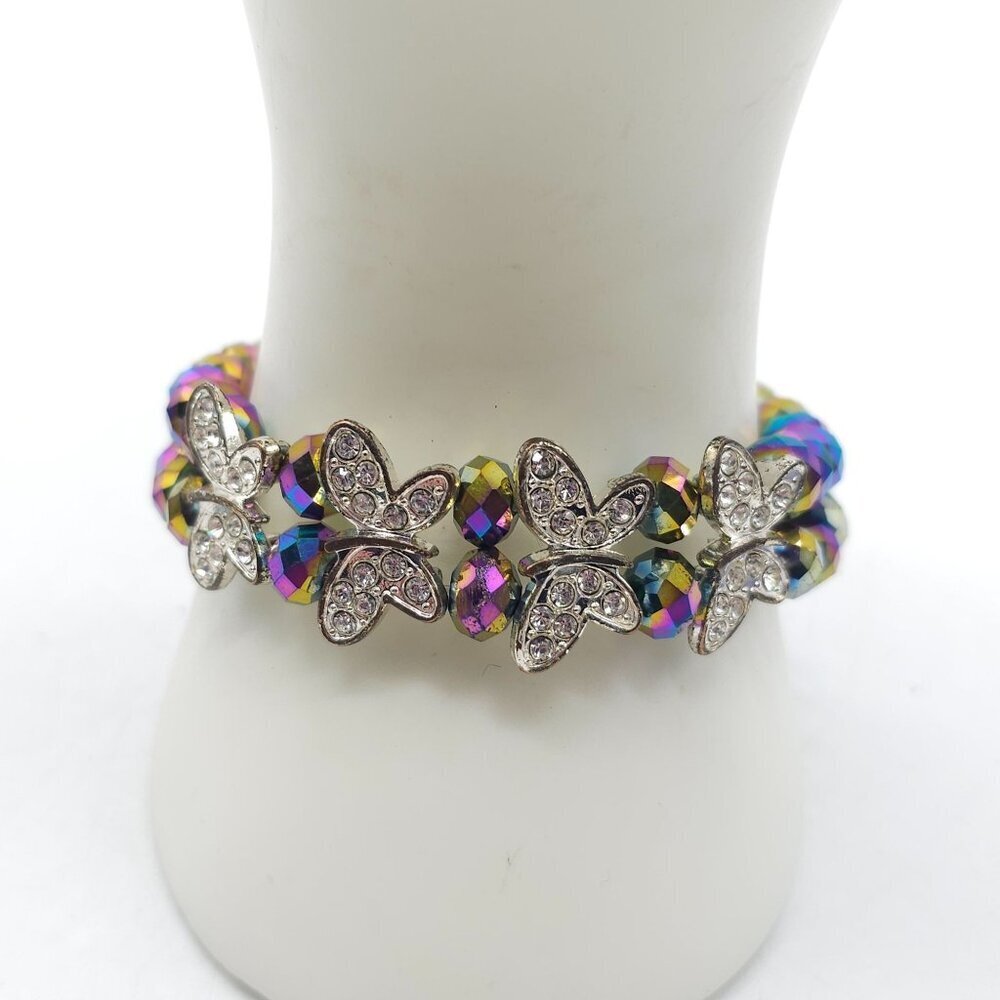 Faceted Crystal Butterfly Stretch Bracelet Iridescent Metallic Beaded Jewelry